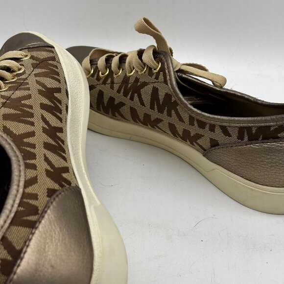 Michael Kors MK Signature Logo Print Lace Up Sneakers Brown Metallic Leather 10 - Picture 6 of 10